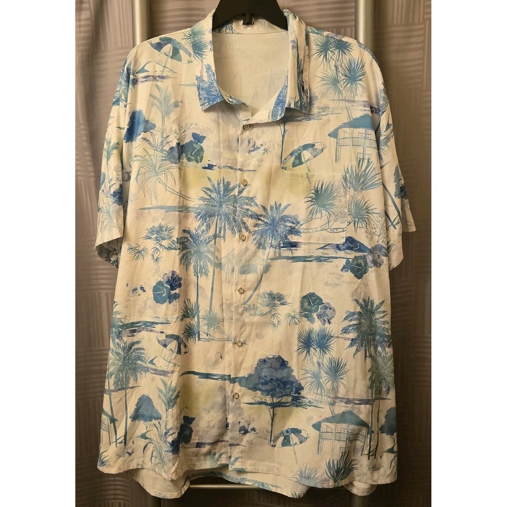 Kyku Men's Blue Green White Hawaiian Button Up Shirt Size 3XL Palm‎ Trees Beach